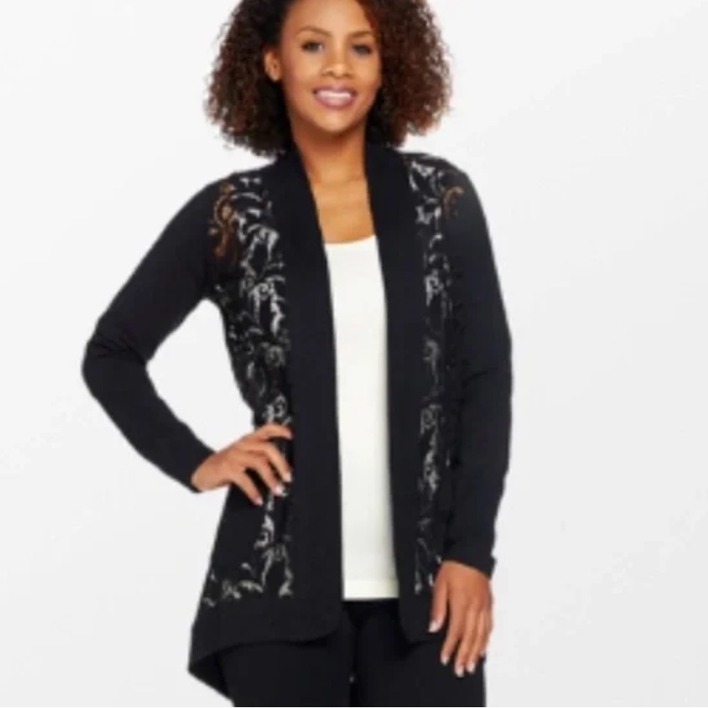 LOGO by Lori Goldstein Lace Open Front Slub Cardigan Sweater Sz M